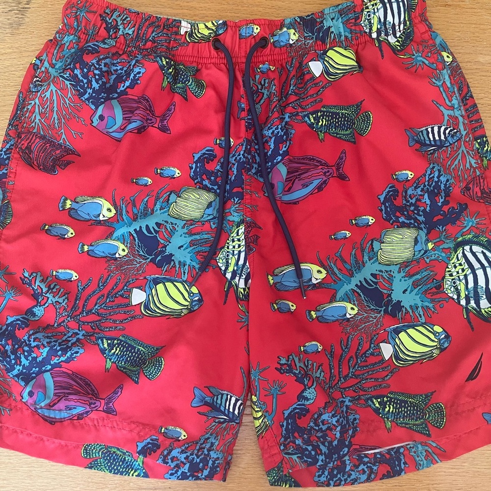 Nautica Red Fish Print Swim Trunks